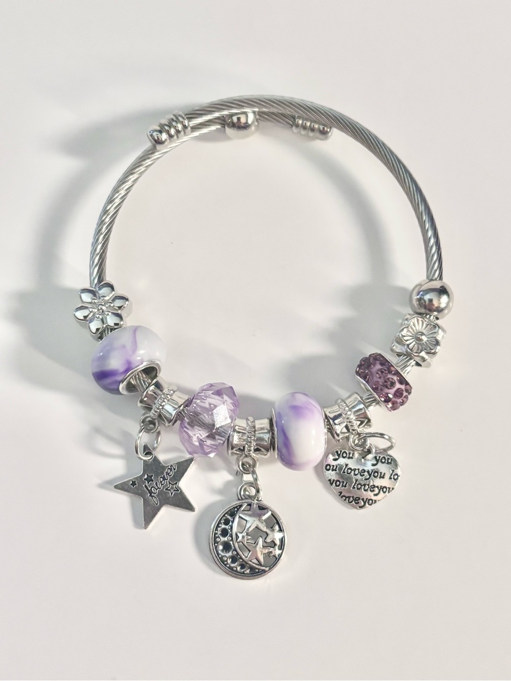Handmade Stainless Steel -Accent Purple Charm Bracelet